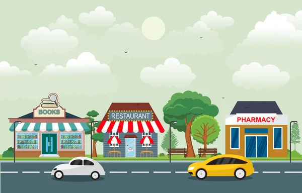 Laden Laden kleine Geschäftslandschaft in der Stadt urban mit Baum Himmel Illustration — Stockvektor