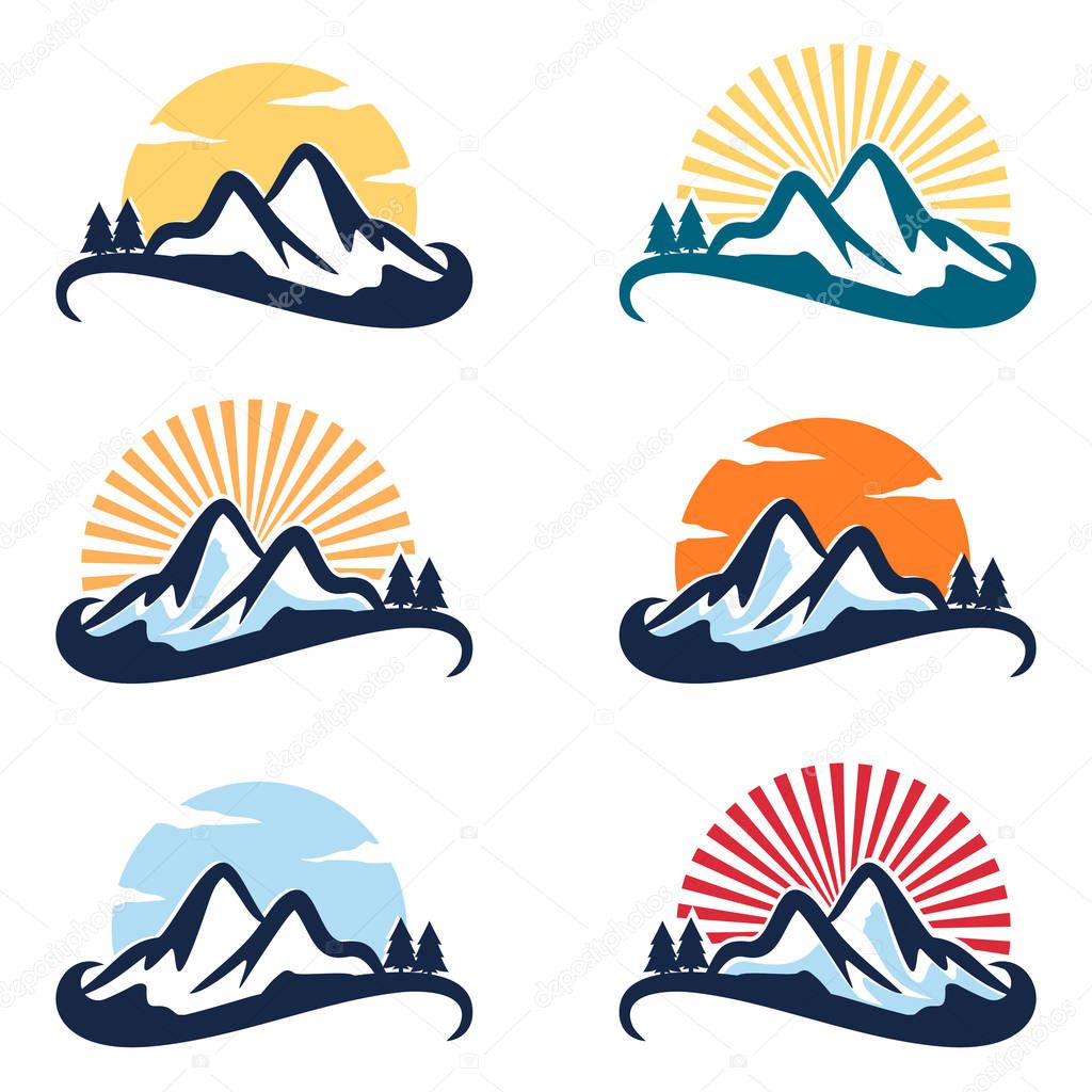 Peaceful Evergreen Pine Sun Mountain Peak Logo Set