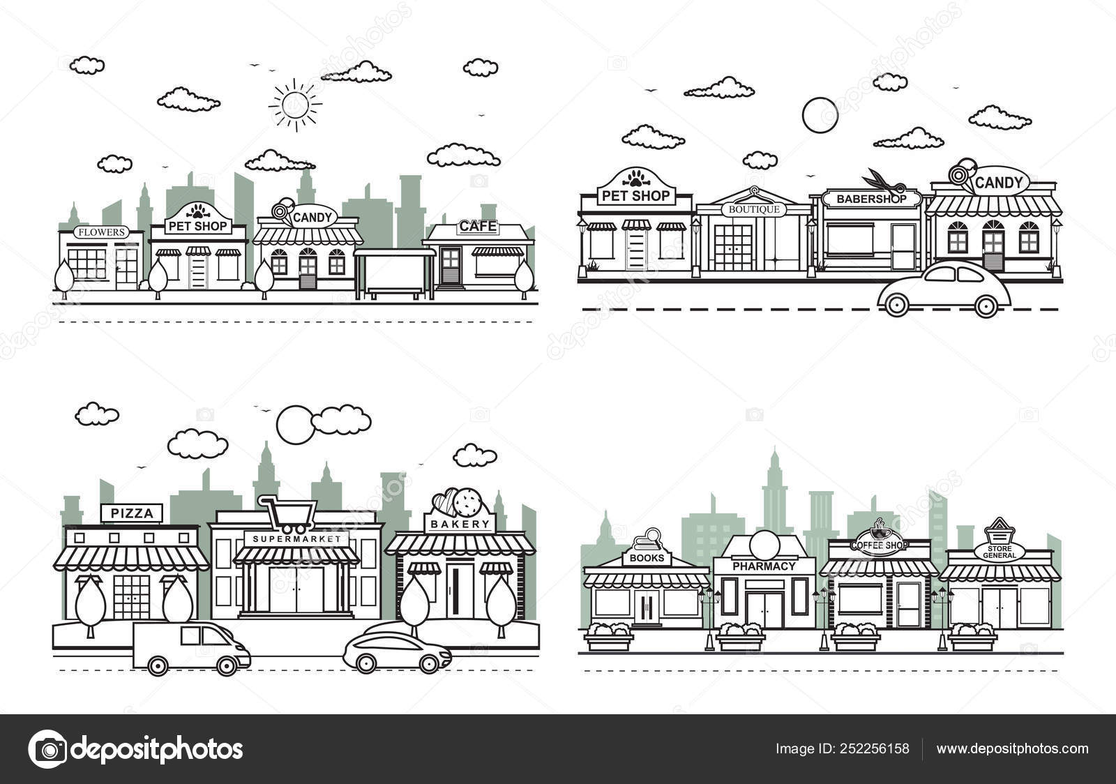 Store Front City Building Street Road Traffic Line Art Outline Stock Vector C Jongjawi Yahoo Co Id 252256158