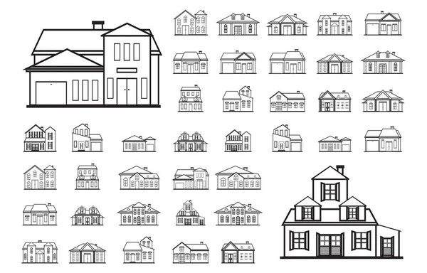 Fachada Casa Bienes Raíces Primera Línea de Vista Esquema de Arte Conjunto de iconos — Vector de stock