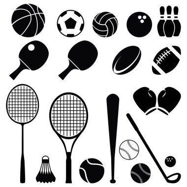 Siyah siluet basit spor ekipmanları Icon Set