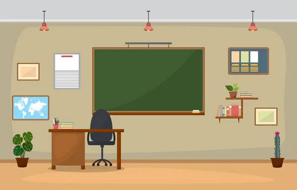 School Classroom Interior Room Blackboard Furniture Flat Design Vector — Stock Vector