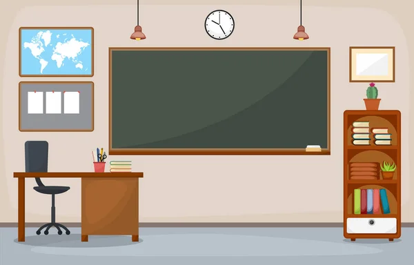 Шкільний клас Інтер'єр кімнати Чорна дошка Меблі плоский дизайн Вектор — стоковий вектор