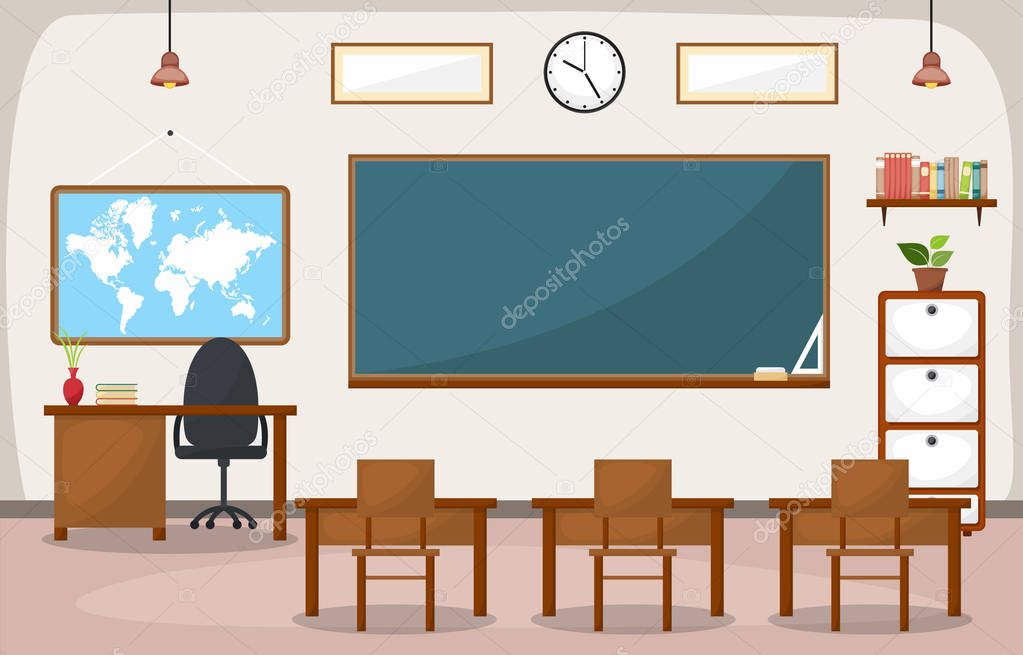 School Classroom Interior Room Blackboard Furniture Flat Design Vector