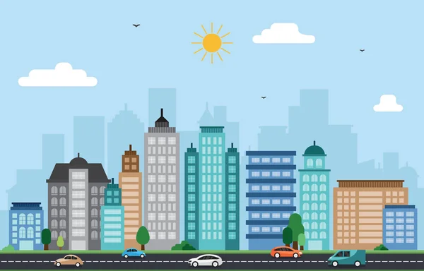 Paysage urbain Skyline Landmark Building Traffic Street Illustration — Image vectorielle