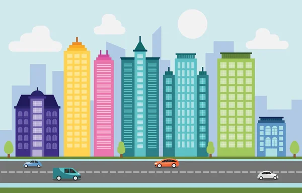 Paysage urbain Skyline Landmark Building Traffic Street Illustration — Image vectorielle
