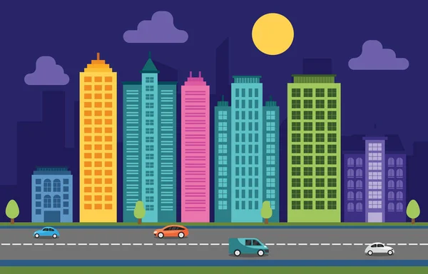 Şehir Cityscape Skyline Landmark bina trafik sokak Illustration — Stok Vektör