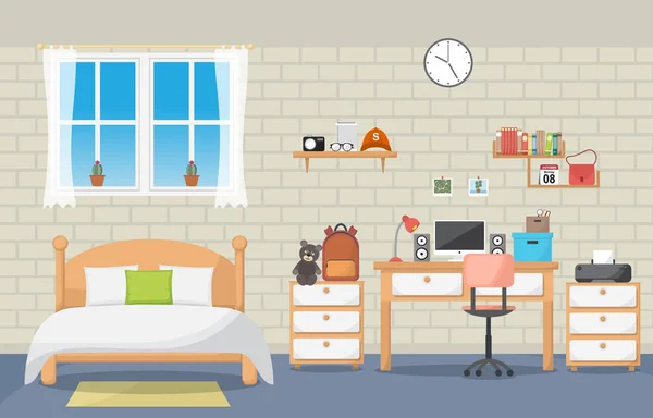 Siswa Meja Pelajaran Kamar Tidur Interior Room Furniture Desain Datar - Stok Vektor