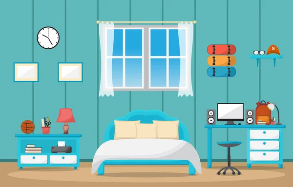 Siswa Meja Pelajaran Kamar Tidur Interior Room Furniture Desain Datar - Stok Vektor