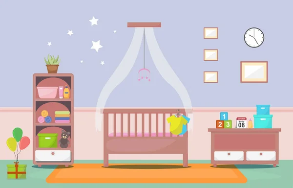 Bebé niño niños dormitorio interior muebles diseño plano — Archivo Imágenes Vectoriales