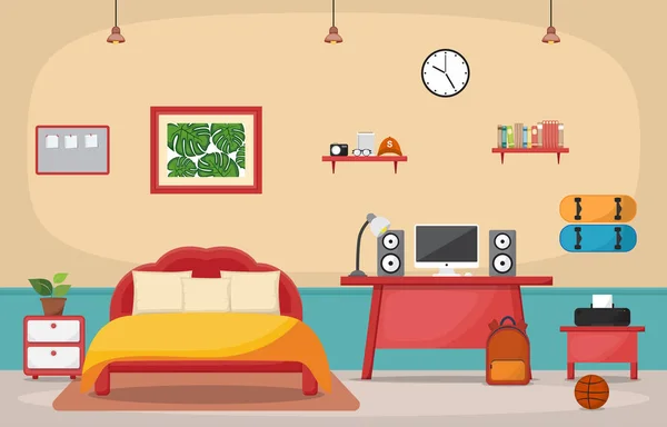 Siswa Meja Pelajaran Kamar Tidur Interior Room Furniture Desain Datar - Stok Vektor