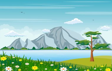 Yaz Baharı Yeşil Vadi Açık Hava Manzarası Çizimi