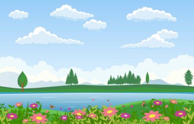 Yaz Baharı Yeşil Vadi Açık Hava Manzarası Çizimi