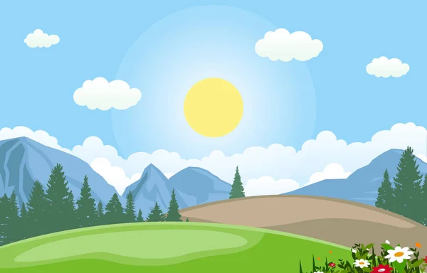 Letní jaro Green Valley jasné slunce venkovní krajina ilustrace — Stockový vektor