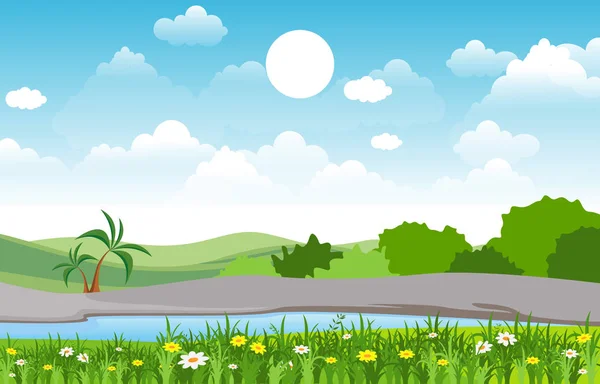 Літня весна Зелена долина Яскраве сонце Відкритий ландшафт Ілюстрація — стоковий вектор