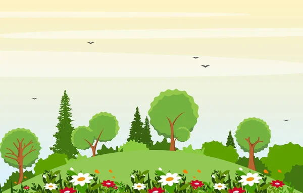 Verano Primavera Valle Verde Cielo fresco Paisaje al aire libre Ilustración — Vector de stock