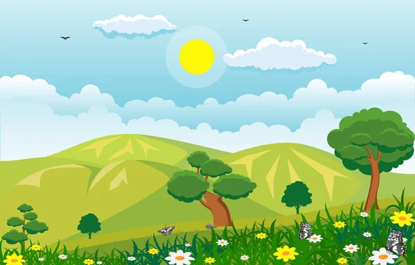 Verão Primavera Green Valley sol brilhante ao ar livre paisagem ilustração —  Vetores de Stock