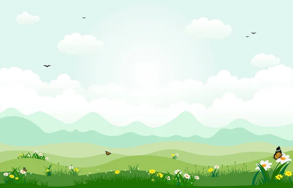 Nyár Tavasz Zöld Völgy Fényes Nap Kültéri Tájkép Illusztráció — Stock Vector