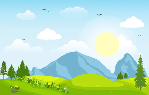 Летняя весна Зеленая долина Яркое солнце Наружная иллюстрация пейзажа — стоковый вектор