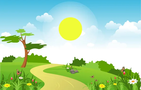 Летняя весна Зеленая долина Яркое солнце Наружная иллюстрация пейзажа — стоковый вектор