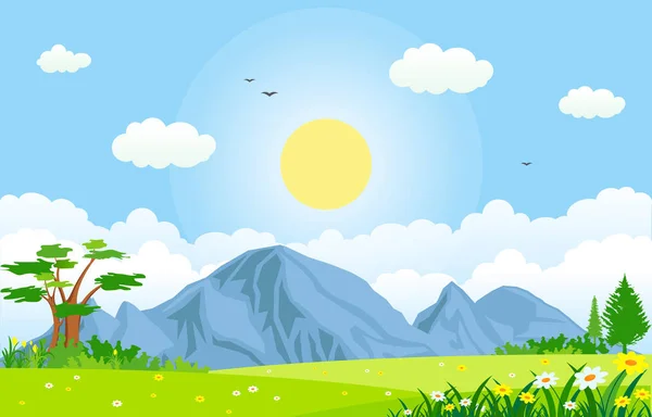 Verão Primavera Green Valley sol brilhante ao ar livre paisagem ilustração —  Vetores de Stock