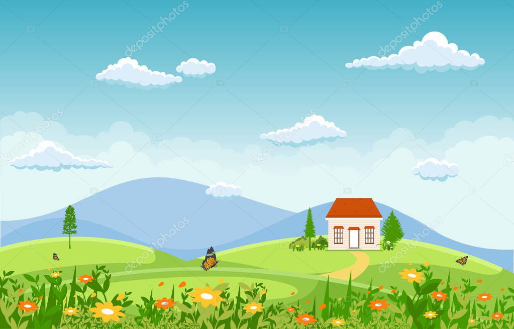 Summer Spring Green Valley Fresh Sky Outdoor Landscape Illustration