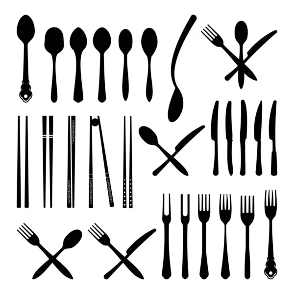 Kaşık Çatal Bıçak ve Chopsticks - Çatal Simge Siluet Seti