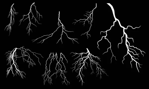 Conjunto de silueta vectorial Lightning Thunder Storm Zapping aislado sobre fondo negro — Archivo Imágenes Vectoriales