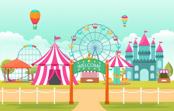 Amusement Park Circus Carnival Festival Fun Fair Landscape Illustration — Stock Vector