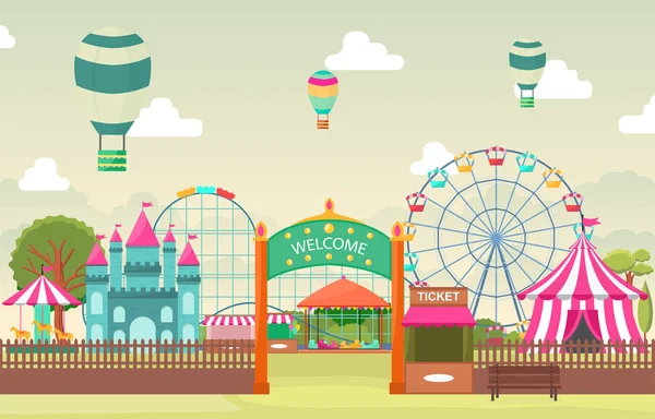 Vidámpark Circus Carnival fesztivál Fun vásár tájkép illusztráció — Stock Vector