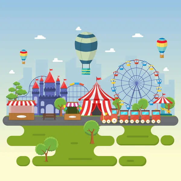 Parque de Atracciones Festival de Carnaval de Circo Feria de Diversión Paisaje Ilustración — Vector de stock
