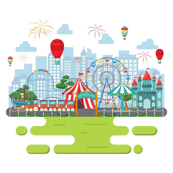 Parque de Atracciones Festival de Carnaval de Circo Feria de Diversión Paisaje Ilustración — Vector de stock