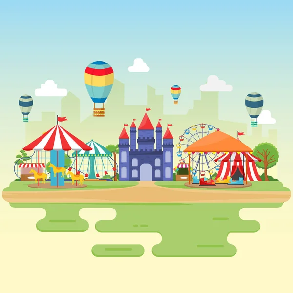 Parque de Atracciones Festival de Carnaval de Circo Feria de Diversión Paisaje Ilustración — Vector de stock