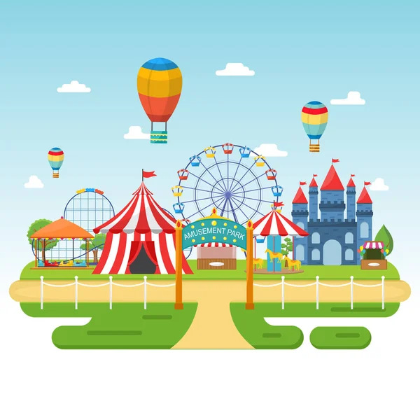 Parque de Atracciones Festival de Carnaval de Circo Feria de Diversión Paisaje Ilustración — Vector de stock