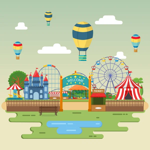 Amusement Park Circus Carnival Festival Fun Fair Landscape Illustration — Stock Vector