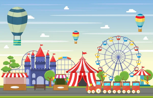 Parque de Atracciones Festival de Carnaval de Circo Feria de Diversión Paisaje Ilustración — Vector de stock