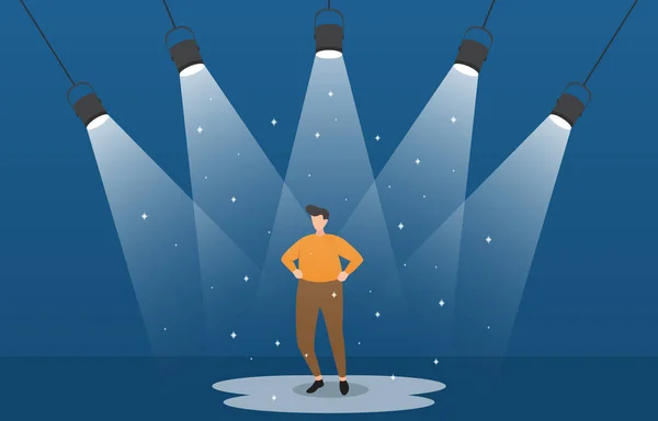 Succesvolle zakenman vertrouwen op podium onder Spotlight business concept illustratie — Stockvector