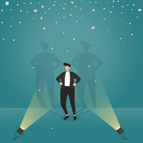 Succesvolle zakenman vol vertrouwen met Spotlight confetti business concept illustratie — Stockvector