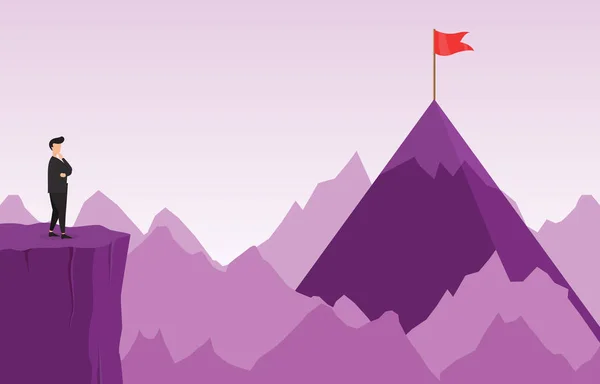 Zakenman op klif denken hoe te bereiken doel met obstakel business concept illustratie — Stockvector