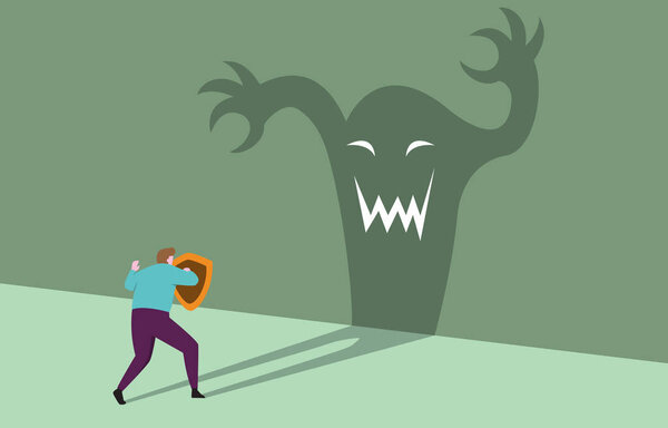 Мужественный бизнесмен со щитом, готовый уверенно противостоять угрозе бизнеса с тенью монстра
