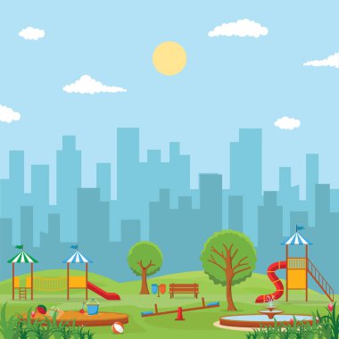 Kid Playground Oyun Ekipmanları İllüstrasyon ile Yaz Aylarında Şehir Parkı
