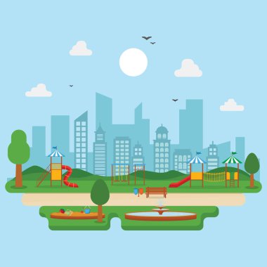 Kid Playground Oyun Ekipmanları İllüstrasyon ile Yaz Aylarında Şehir Parkı