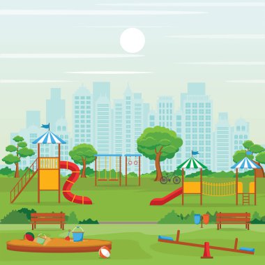 Kid Playground Oyun Ekipmanları İllüstrasyon ile Yaz Aylarında Şehir Parkı