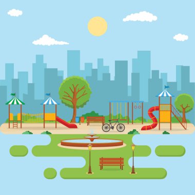 Kid Playground Oyun Ekipmanları İllüstrasyon ile Yaz Aylarında Şehir Parkı