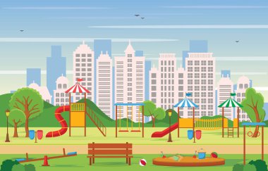 Kid Playground Oyun Ekipmanları İllüstrasyon ile Yaz Aylarında Şehir Parkı
