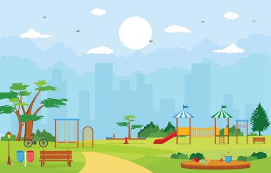 Kid Playground Oyun Ekipmanları İllüstrasyon ile Yaz Aylarında Şehir Parkı