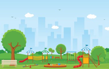 Kid Playground Oyun Ekipmanları İllüstrasyon ile Yaz Aylarında Şehir Parkı