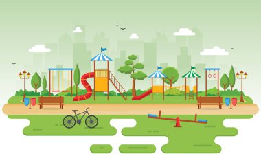 Kid Playground Oyun Ekipmanları İllüstrasyon ile Yaz Aylarında Şehir Parkı