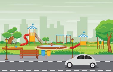 Kid Playground Oyun Ekipmanları İllüstrasyon ile Yaz Aylarında Şehir Parkı