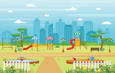 Kid Playground Oyun Ekipmanları İllüstrasyon ile Yaz Aylarında Şehir Parkı